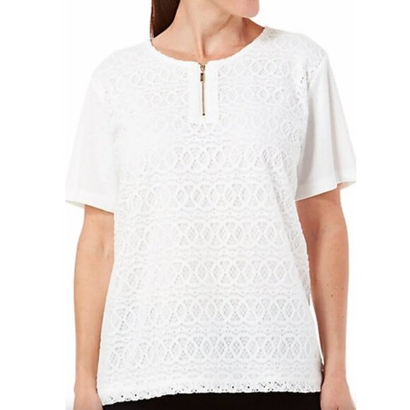 ALFRED DUNNER Coral Red Crochet Lace Overlay 1/4 Zip Zipper Short Sleeve Blouse - Picture 3 of 15